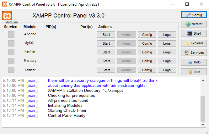 XAMPP control panel with Apache and MySQL services running
